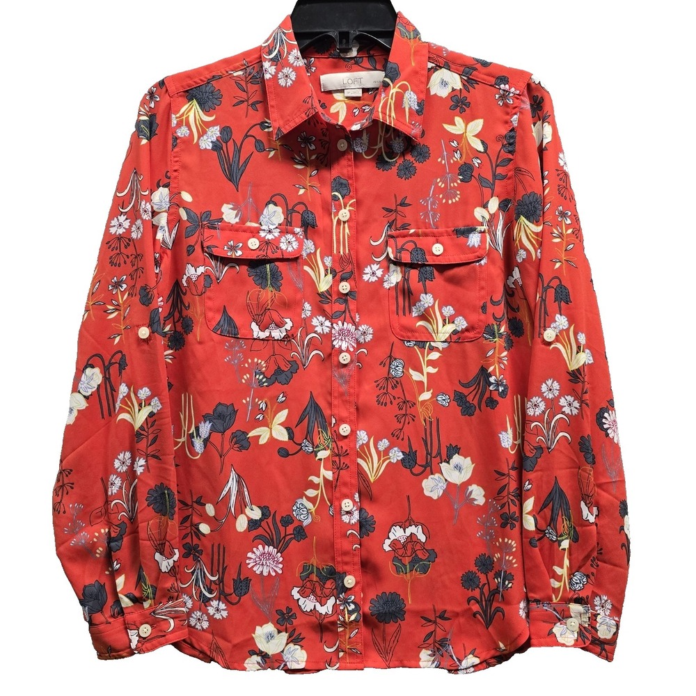 Loft Women's Small Petite Red Floral Button Down Blouse Top Cottage Fairy Artsy